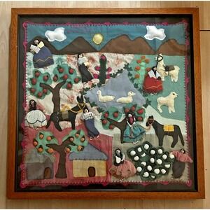 Antique Primitive Folk Art HandSewn Shadow Box Textile Sampler Rural Agriculture